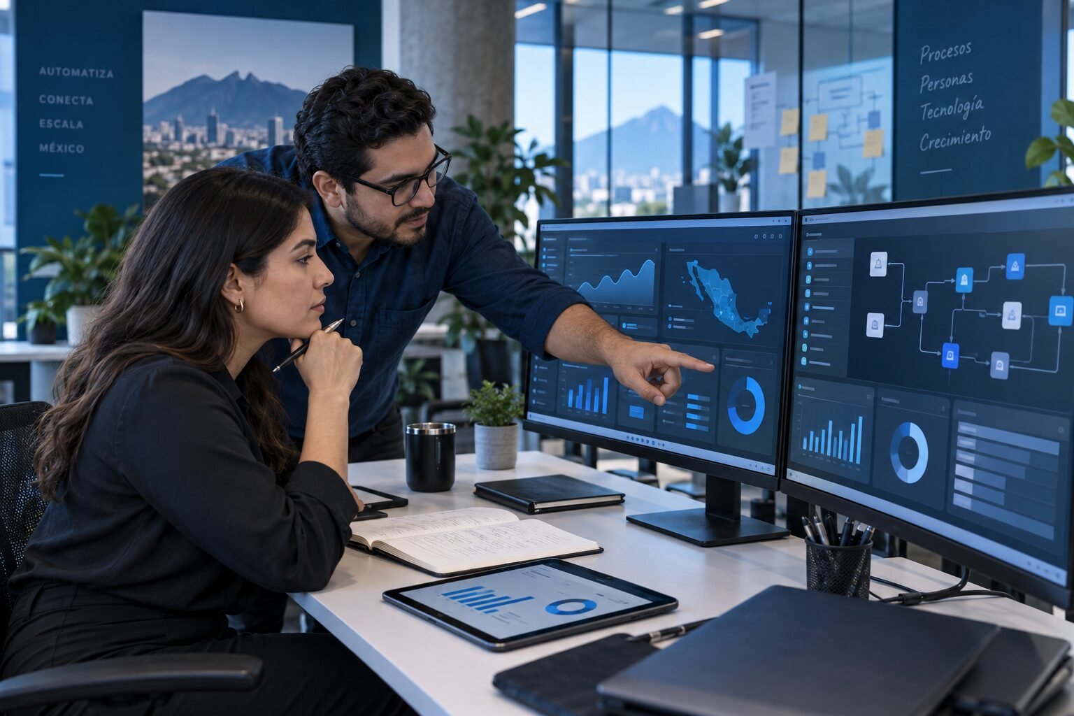 Equipo analizando una solución empresarial
